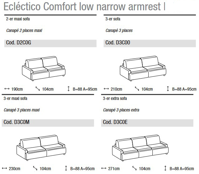 Dimensions of the Eclectico Comfort Sofa Ditre Italia for 2 and 3 Linear Seats
